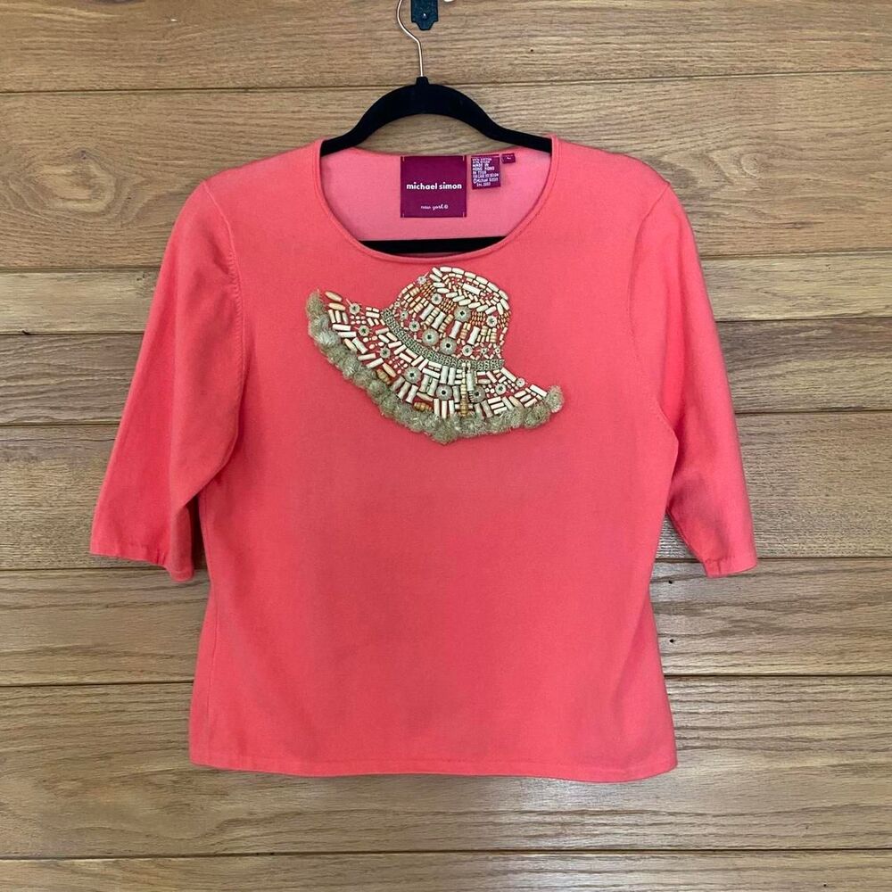 Michael Simon Y2K coral orange hat wood beaded knit top